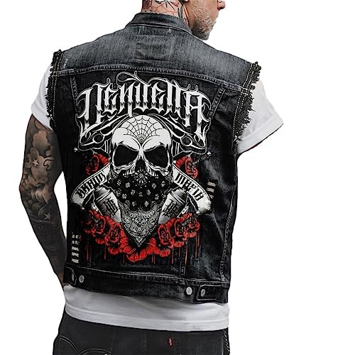 Hcclijo Herren Gothic Stil Personalisiertes Totenkopf Druckmuster Motorrad Reiten Punk Ärmellose Jeansweste black1 3XL von Hcclijo