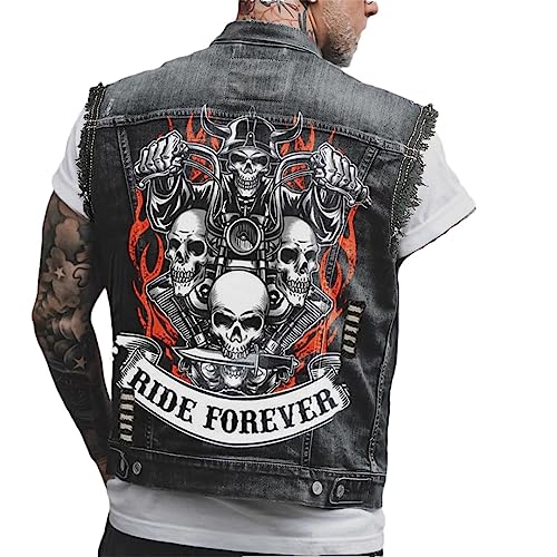 Hcclijo Herren Gothic Stil Personalisiertes Totenkopf Druckmuster Motorrad Reiten Punk Ärmellose Jeansweste black11 XXL von Hcclijo
