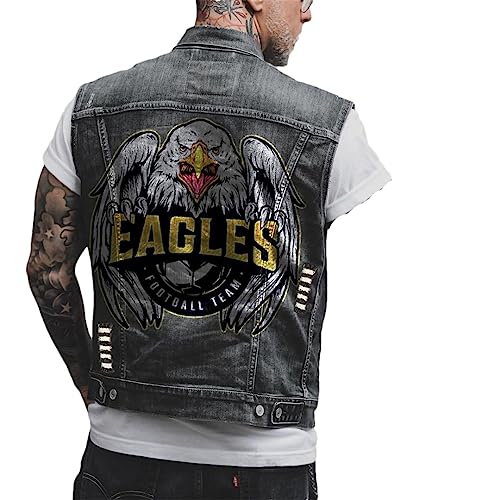 Hcclijo Herren Gothic Stil Personalisiertes Totenkopf Druckmuster Motorrad Reiten Punk Ärmellose Jeansweste black18 5XL von Hcclijo