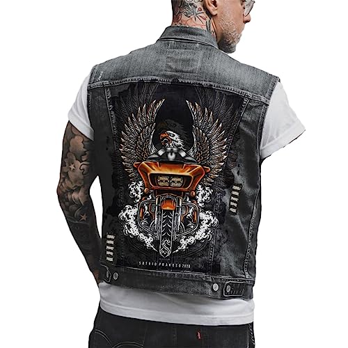Hcclijo Herren Gothic Stil Personalisiertes Totenkopf Druckmuster Motorrad Reiten Punk Ärmellose Jeansweste black20 L von Hcclijo