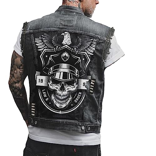 Hcclijo Herren Gothic Stil Personalisiertes Totenkopf Druckmuster Motorrad Reiten Punk Ärmellose Jeansweste black6 6XL von Hcclijo
