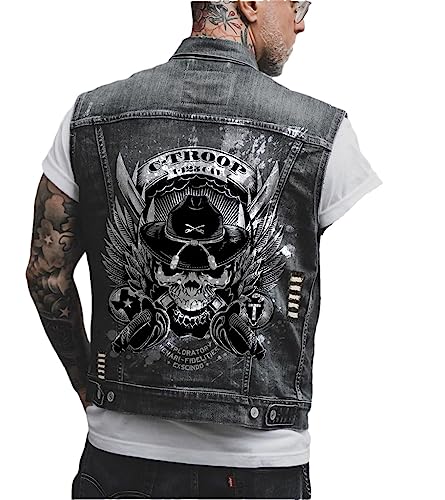 Hcclijo Herren Gothic Stil Personalisiertes Totenkopf Druckmuster Motorrad Reiten Punk Ärmellose Jeansweste black7 6XL von Hcclijo