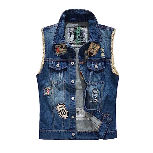 Hcclijo Männer Patch Designs Cowboy Ausgefranste Jeans Ärmellose Jacken Punk Rock Motorrad Weste Zerrissene Denim Weste blue XL von Hcclijo
