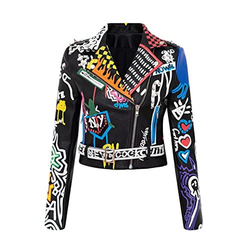 Hcclijo PU-Lederjacke Damen Leopard Print Stud Punk Coat Slim Motorrad Kurze Jacke Leder Top MT-26980 S von Hcclijo