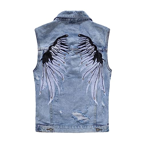Hcclijo Zerrissene Jeanswesten Für Herren Mit Flügelstickerei Hi Street Distressed Denim Ärmellose Jacke Weste Blue 3XL von Hcclijo