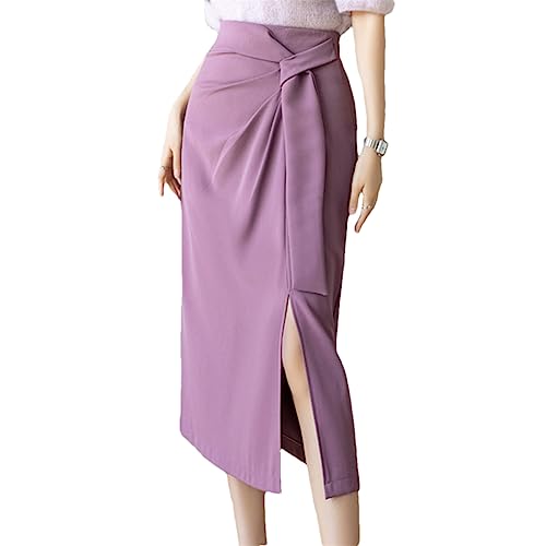Hcclijo Vintage Einfachheit Hohe Taille Schlanke Frauen Röcke Chic Falten Spitze Up Split Rock Büro Elegante Paket Hüfte Röcke Purple Skirt M von Hcclijo