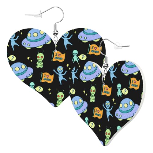 Niedliche doppelseitige Herz-Ohrringe Planet Ufo Alien Trendy Spaß Kunstleder baumeln Ohrringe Schmuck Geschenk für Frauen Mädchen von Hceaatb