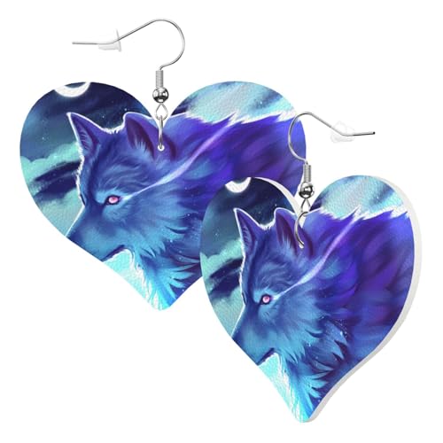 Niedliche doppelseitige Herz-Ohrringe Wolf Mond Traum Trendy Spaß Kunstleder baumeln Ohrringe Schmuck Geschenk für Frauen Mädchen von Hceaatb