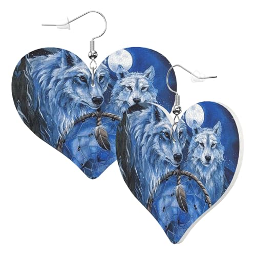 Niedliche doppelseitige Herz-Ohrringe Wolf Mond Traumfänger Trendy Spaß Kunstleder baumeln Ohrringe Schmuck Geschenk für Frauen Mädchen von Hceaatb