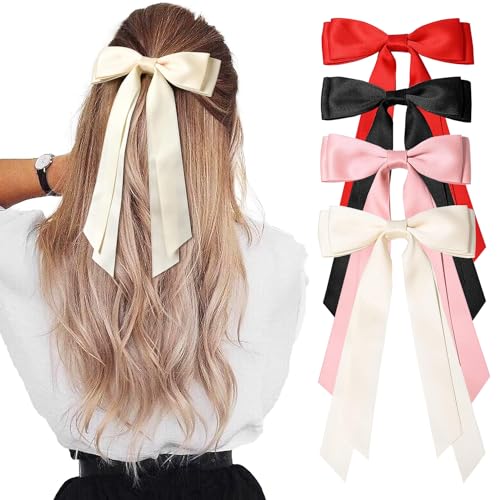 4Pcs Seide Satin Haar Bögen Haarclip Haarband Pferdeschwanz Halter Zubehör Dias Metall Clips Haarbogen für Frauen Mädchen (Color-M) von Hcimooy