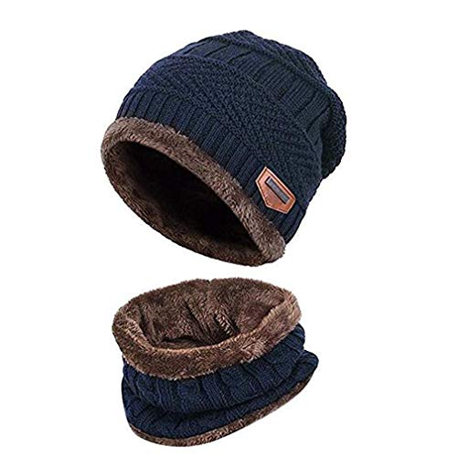 Boboder Kinder Winter Mütze Hut Schal Set Warme Dicke Knit Ski Schädel Cap mit Fleece Futter für Kinder Jungen Mädchen, Marine, Einheitsgröße von Hcimooy