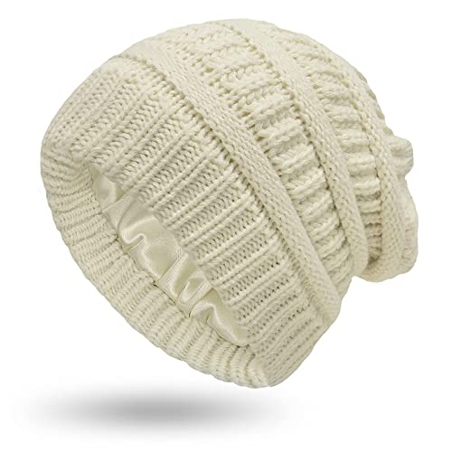 Hcimooy Winter Warm Strickmütze Satin Seide gefüttert Zopfmuster Beanie Chunky Slouchy Skull Cap für Damen (Beige) von Hcimooy