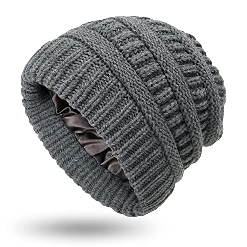 Hcimooy Winter Warm Strickmütze Satin Seide gefüttert Zopfmuster Beanie Chunky Slouchy Skull Cap für Damen (Gray) von Hcimooy