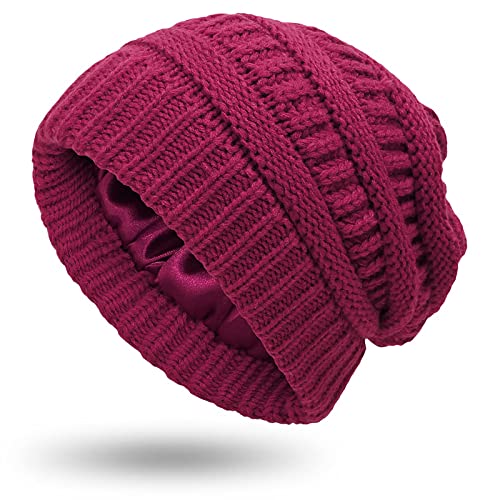 Hcimooy Winter Warm Strickmütze Satin Seide gefüttert Zopfmuster Beanie Chunky Slouchy Skull Cap für Damen (Wine red) von Hcimooy