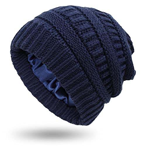 Hcimooy Winter Warm Strickmütze Satin Seide gefüttert Zopfmuster Beanie Chunky Slouchy Skull Cap für Damen von Hcimooy