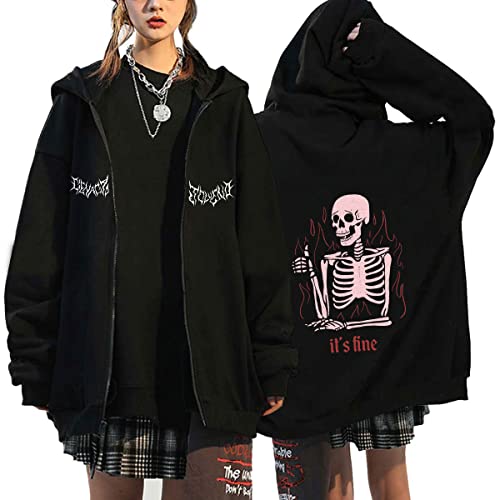 Hctop Y2k Sweatjacke Damen Hoodie Gothic Paar Hip Hop Oversize Shirt Harajuku Aesthetic Pullover Goth Sweatshirt mit Reißverschluss (Schwarz2,XXL,XXL) von Hctop