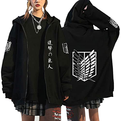 Unisex Anime Kleidung Attack on Titan Kapuzenjacke Zip-up Hoodie Damen Herren Pullover Anime Merch Kapuzenpullover Cosplay (Schwarz,XXL,XXL) von Hctop