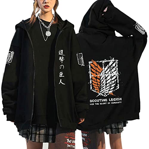 Unisex Anime Kleidung Attack on Titan Kapuzenjacke Zip-up Hoodie Damen Herren Pullover Anime Merch Kapuzenpullover Cosplay (Schwarz12,L,L) von Hctop