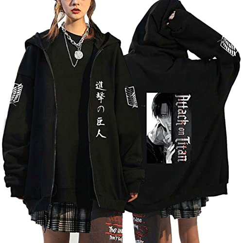 Unisex Anime Kleidung Attack on Titan Kapuzenjacke Zip-up Hoodie Damen Herren Pullover Anime Merch Kapuzenpullover Cosplay (Schwarz2,L,L) von Hctop