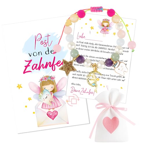 HcvGcm zahnfee geschenke mädchen Zahnfee Geschenke Mädchen Armband Zahnfee Postkarte Perlenarmband Milchzahn Überraschung Geschenke Bunt Armbänder zum Einschlung von HcvGcm