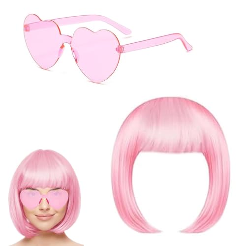 Rosa Perücke Pink Wig, 2er Set mit pinker Brille für Halloween, Cosplay und Partys, weiche und natürliche Perücke für Frauen, bequem und farbecht von HcvGcm