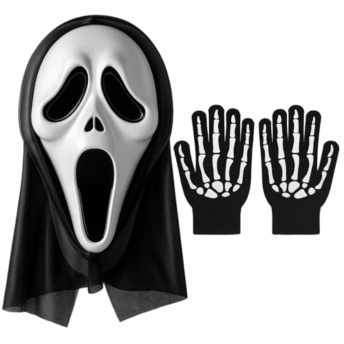 Scream Maske Mit Leuchtenden Gruselhandschuhen, Gruselige Halloween Ghost Maske Für Erwachsene, Horror Kostüm Zubehör Für Partys Und Veranstaltungen, 2-Teiliges Set von HcvGcm