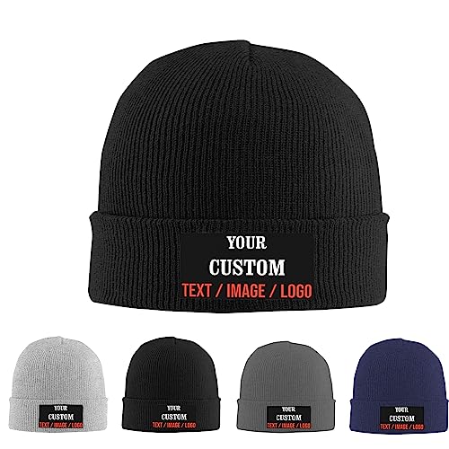 Benutzerdefinierte Beanie Mützen Personalisierte Totenkopfmütze Strickmütze Winter Warme Mütze Hedging Cap Unisex,Fügen Sie Ihren Text/Logo-Schwarzer Hintergrund hinzu von Hdadwy