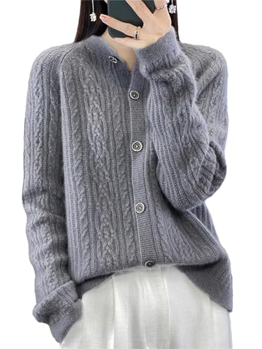 Damen Strickjacke Langarm Knopf Wolle Pullover Einfarbig Basic Knit Top, gray9, M von Hdhdeueh