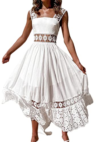 Frauen Spitze Bohemian Kleid Weiß aushöhlen Boho Sommerkleid, Weiß, XXL von Hdhdeueh