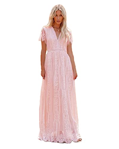 Frauen Spitze aushöhlen Bohemian Maxi Kleid Dame Vintage Weiß Boho Kleider, Rosa, XXL von Hdhdeueh