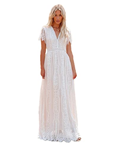 Frauen Spitze aushöhlen Bohemian Maxi Kleid Dame Vintage Weiß Boho Kleider, Weiß, L von Hdhdeueh