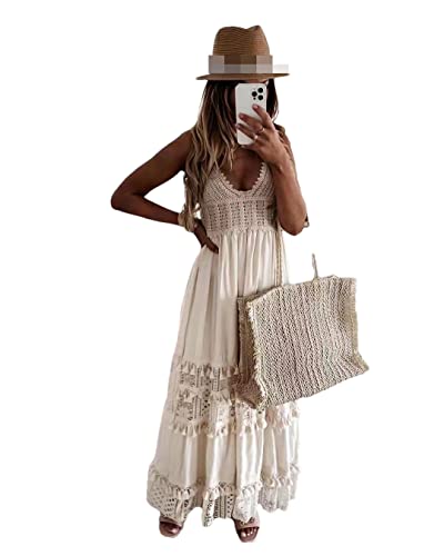 Frauen Vintage Solide Ärmellos Rückenfrei Strand Maxi Kleid Damen Spitze Weiß Boho Kleider, Beige, L von Hdhdeueh