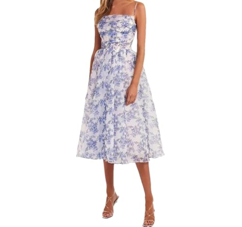Hdhdeueh Damen Ärmellos Hohe Taille Chiffon Kleid Print Strapse Plissee Abendkleid, 03 Hellblau, S von Hdhdeueh