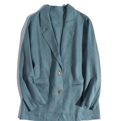Hdhdeueh Damen Eingekerbtes Revers Baumwolle und Leinen Langarm Anzugjacke Lose Büro Arbeit Knöpfe Blazer, hellblau, XXL von Hdhdeueh