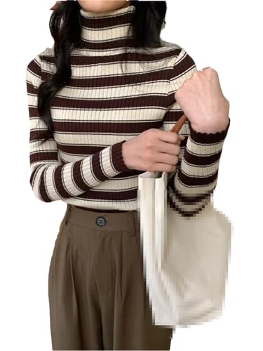 Hdhdeueh Damen Gestreifter Rollkragenpullover Langarm Slim Fit Strickwaren Pullover Jumper Top, khaki, One size von Hdhdeueh