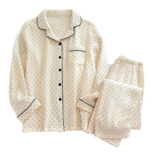 Hdhdeueh Damen Pyjama Set Baumwolle Krepp Langarm Hose Zweiteilige Polka Dot Nachtwäsche Dünn Set, beige, 42 von Hdhdeueh