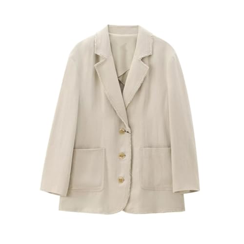 Hdhdeueh Damen gekerbtes Revers Baumwolle Leinen Business Jacken Lady Oversized Langarm Blazer mit Taschen, khaki, L von Hdhdeueh