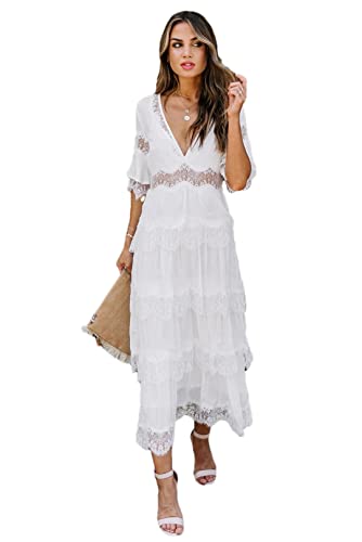 Hdhdeueh Frauen Halbarm Bohemian Maxikleid V-Ausschnitt Spitze Weiß Kleider Robe, Weiß, M von Hdhdeueh