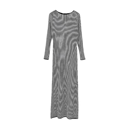 Hdhdeueh Gestreiftes Strick-Maxikleid Für Damen, O-Ausschnitt, Lange Ärmel, Durchsichtige Kleider, Strandurlaubs-Robe Striped L von Hdhdeueh