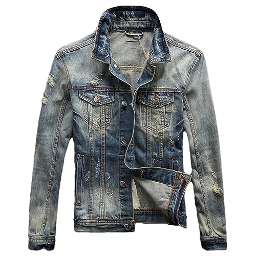 Hdhdeueh Herren-Jeansjacke, Retro, gewaschen, Destroyed Patchwork, zerrissene Jeansjacke, Retro Gelb Blau, L von Hdhdeueh