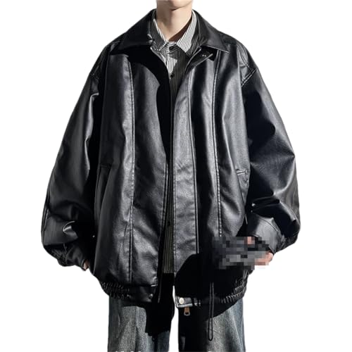 Hdhdeueh Herren Schwarz Kunstleder Zip Up Jacke Herbst Unisex PU Leder Jacke Oversize Mäntel Mit Tasche, Schwarz , XL von Hdhdeueh