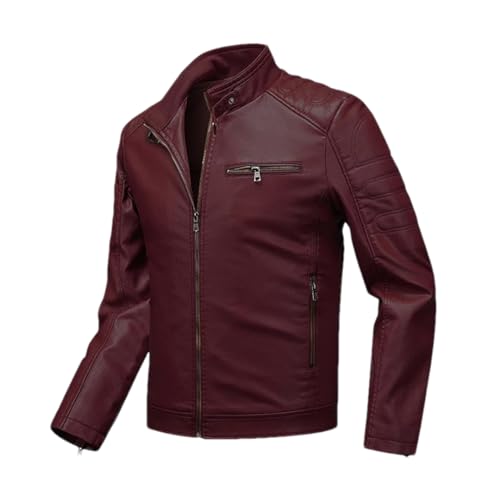 Hdhdeueh Herren Stehkragen Lederjacke Dünne Motorrad Radfahren Jacken Slim PU Leder Mantel, Weinrot Verdickung, XL von Hdhdeueh