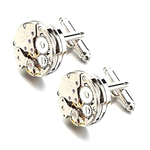 Manschettenknöpfe mit Uhrwerk, Mechanische Manschettenknöpfe im Punk-Stil, Manschettenknöpfe für Herrenhemden, Bekleidungszubehör, Jubiläumsgeschenke,Blau Weiß Verzinkt,17,5 mm 2 Stück von Hdhfjks