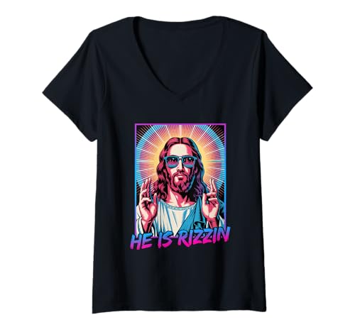Damen He is Rizzin Jesus Retro Sonnenbrille Oster Humor T-Shirt mit V-Ausschnitt Damen He is Rizzin Jesus Retro Sonnenbrille Oster Humor T-Shirt mit V-Ausschnitt von He Is Rizzin Lustige Christliche Retro Vibes
