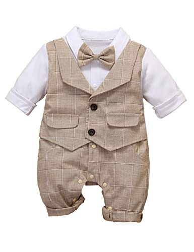HeMa Island Baby Jungen Gentleman Anzug, 0-18 Monate 4tlg Kinder Hochzeit Festlich Taufe Strampler mit Bowtie Hemden + Hosenträger Overalls(7034k90) von HeMarIsle