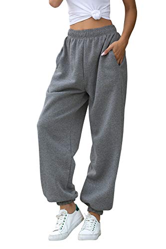 HeSaYep Damen Sweatpants mit hoher Taille, Workout Active Joggers Pants Baggy Lounge Hose - Grau - Mittel von HeSaYep