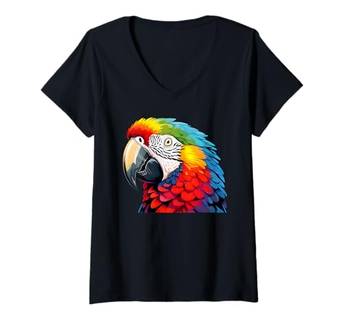 Damen Bunter Aras Papagei Lebendiger Regenwald Vögel Party Papagei T-Shirt mit V-Ausschnitt Damen Bunter Aras Papagei Lebendiger Regenwald Vögel Party Papagei T-Shirt mit V-Ausschnitt von Head Macaw Parrot Lover Kids Women Men Apparel