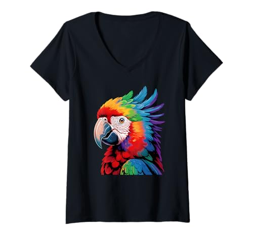 Damen Bunter Papageien-Ara, lebendiger Regenwald, Vögel, Party-Papagei T-Shirt mit V-Ausschnitt Damen Bunter Papageien-Ara, lebendiger Regenwald, Vögel, Party-Papagei T-Shirt mit V-Ausschnitt von Head Macaw Parrot Lover Kids Women Men Apparel