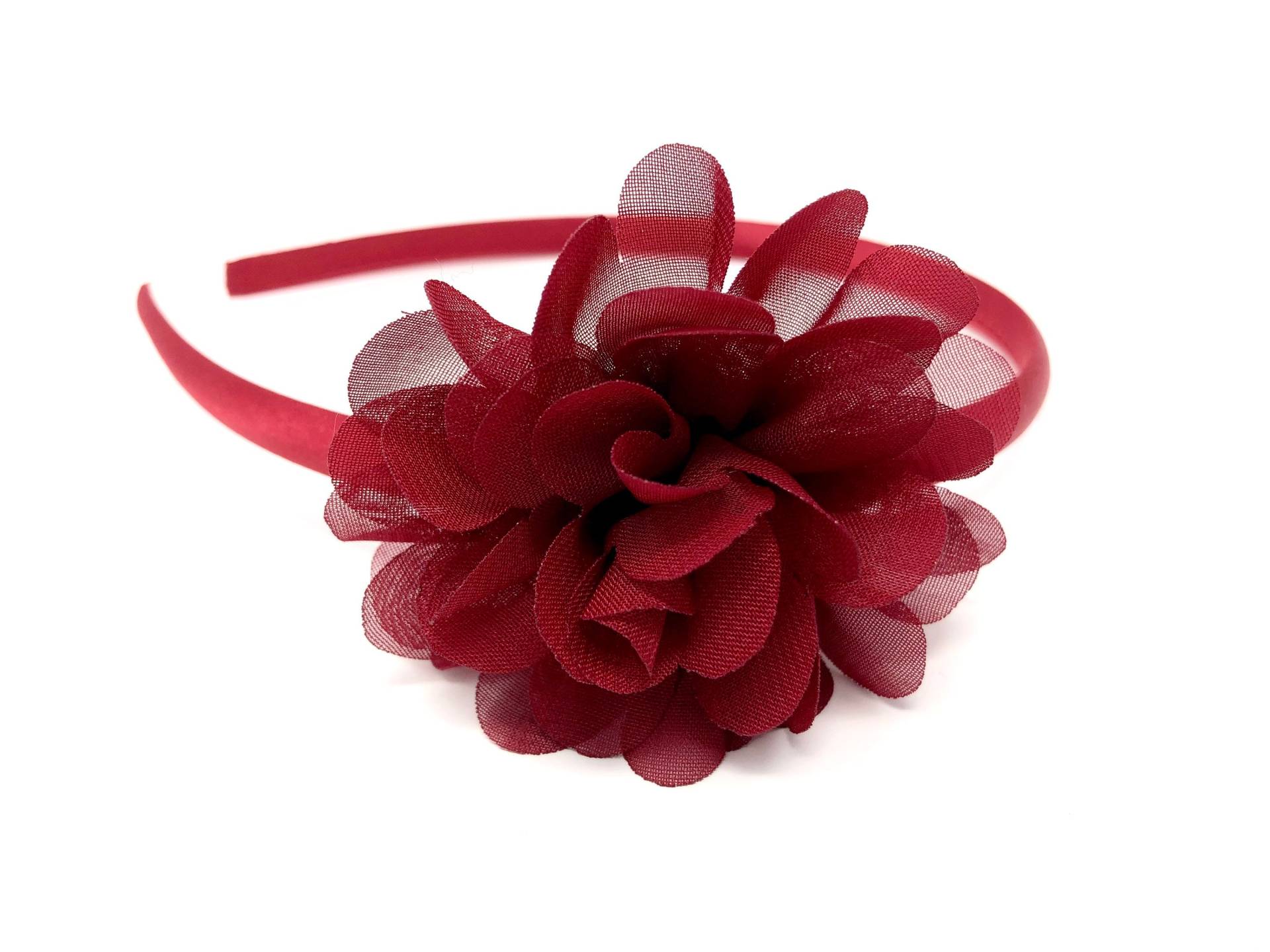 Burgund Satin Haarband Chiffon Blume von HeadOverHeelsEst2014