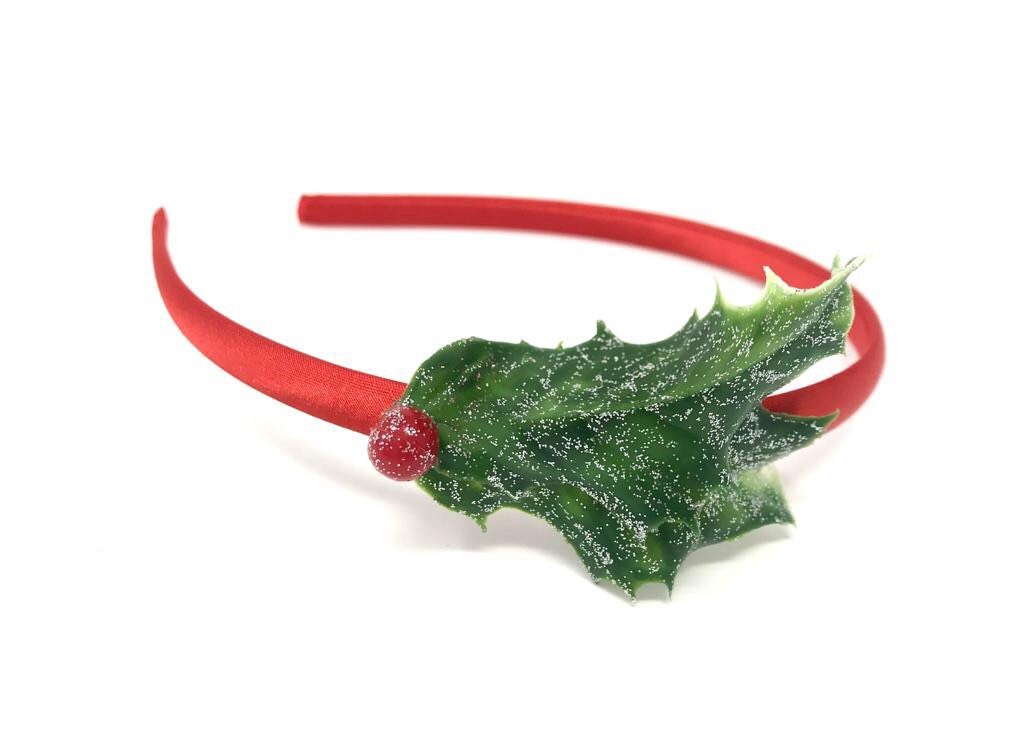 Rotes Satinhaarband Mit Funkelnden Stechpalmenblättern, Für Kinder Oder Erwachsene von HeadOverHeelsEst2014